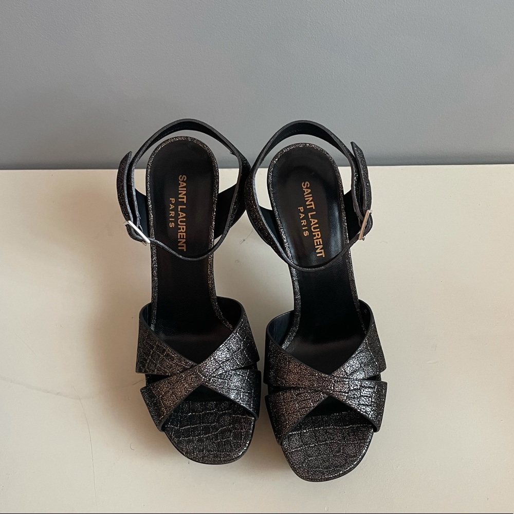 Saint Laurent Silver Snake Skin Metallic “Tribute” Heels